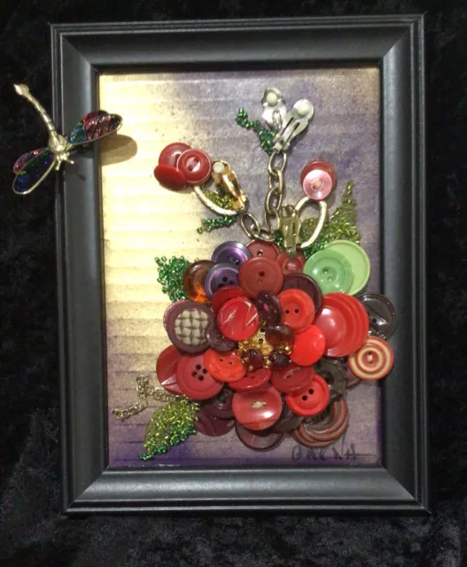 Vintage jewlery art, Rosebuds, vintage buttons, brooch, framed signed 6x8 2