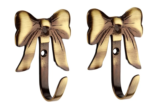 Set of 2 Bow Antique Brass Multipurpose Wall Wooden Mounted Hook Hanger