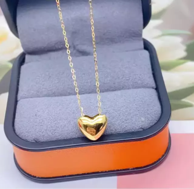 Pure AU750 18K Yellow Gold Heart-shaped Charm Pendant O Chain Link Necklace