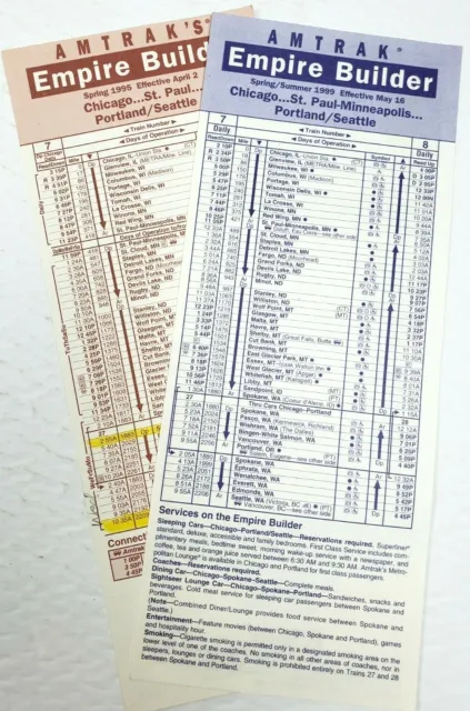 Amtrak empire Builder Lot Of 2 Timetable Cards Vintage 1995 1999 Railroad Train