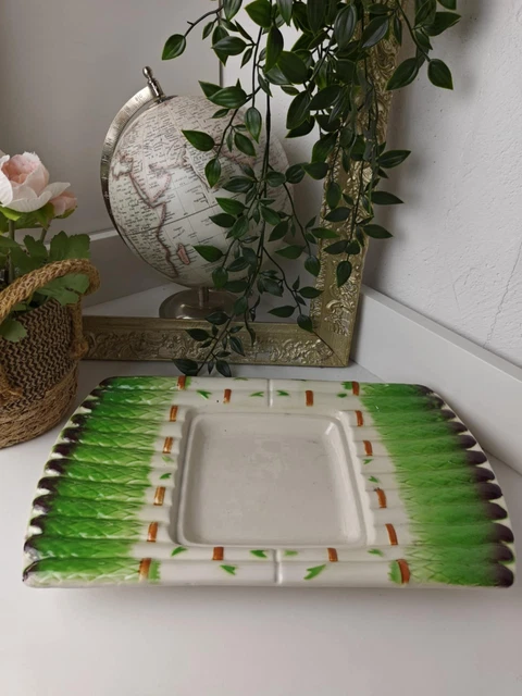 Plat à Asperges Barbotine - Motif Vannerie - Anses - Longueur 41 Cm - Bon État