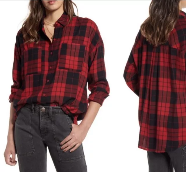 BP Nordstrom Brass Plum Flannel Shirt S Womens Red Back Buffalo Plaid Boyfriend