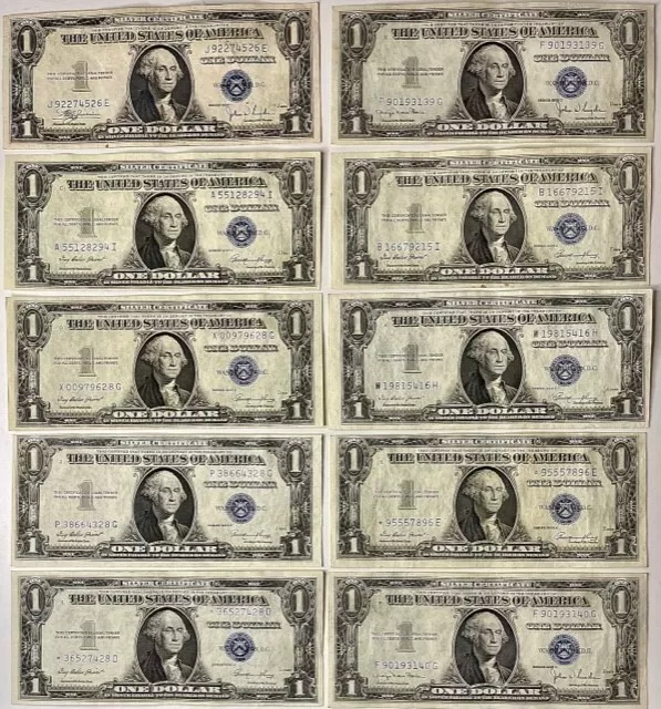 1935 D Lot Of 10 $1 DOLLAR BILL SILVER CERTIFICATE BLUE SEAL NOTE