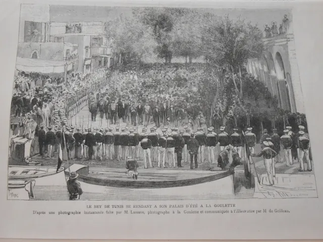 Gravure 1882 - Le Bey de Tunis se rendant à son palais d'été à la Goulette