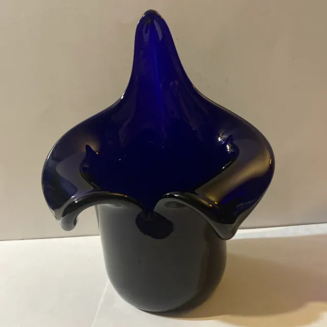 Cobalt Deep Royal Blue Mouth Blown Murano Glass Votive Vase Pulpit Shape 6 3/4”