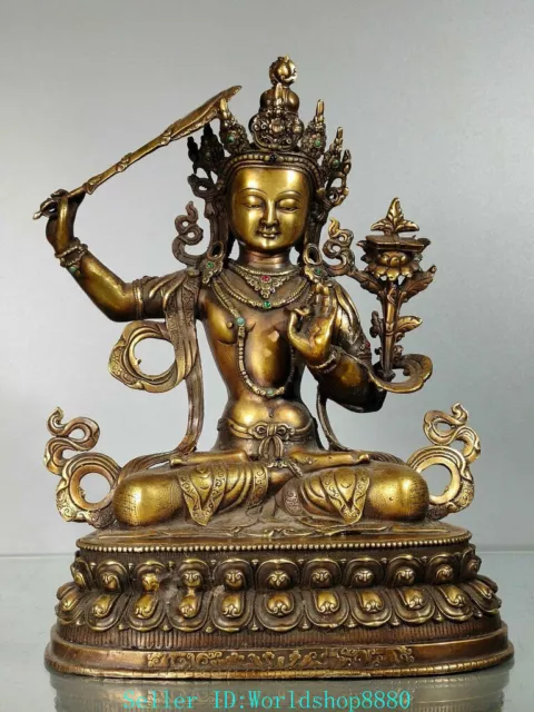 12.8'' Ancient Tibet Buddhism Temple Bronze Gilt Gem Manjushri Buddha Sculpture