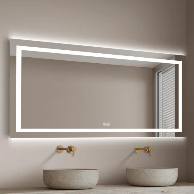 Dimmable LED Bathroom Mirror Bluetooth Antifog Wall Vanity Illuminated Mirror