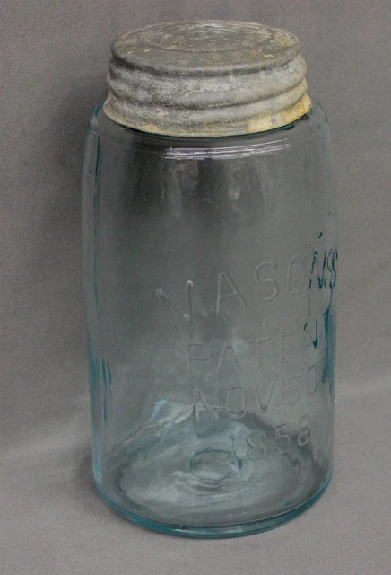 Mason's Aqua Patent Nov 30,1858 Glass Mold Blown 2 Seam Fruit Jar,Zinc Lid