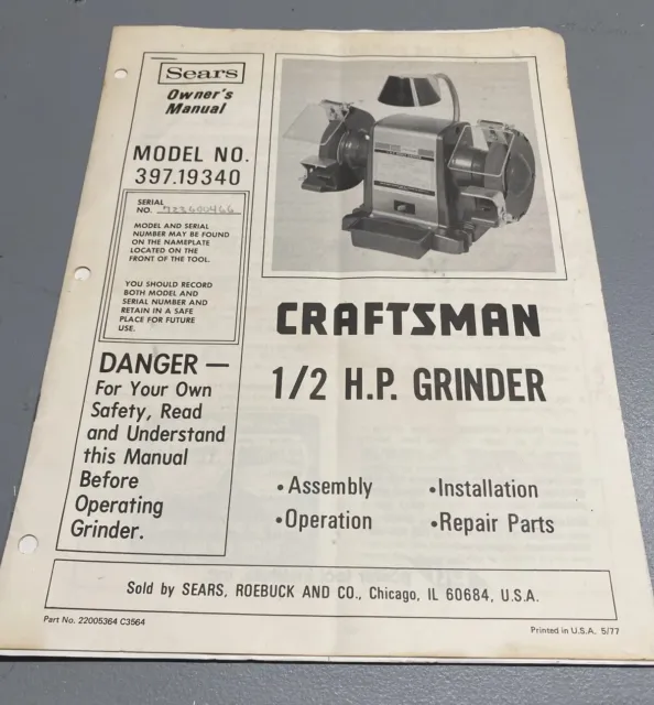 Amoladora de banco Sears Craftsman 397.19340 1/2 hp manual para propietarios