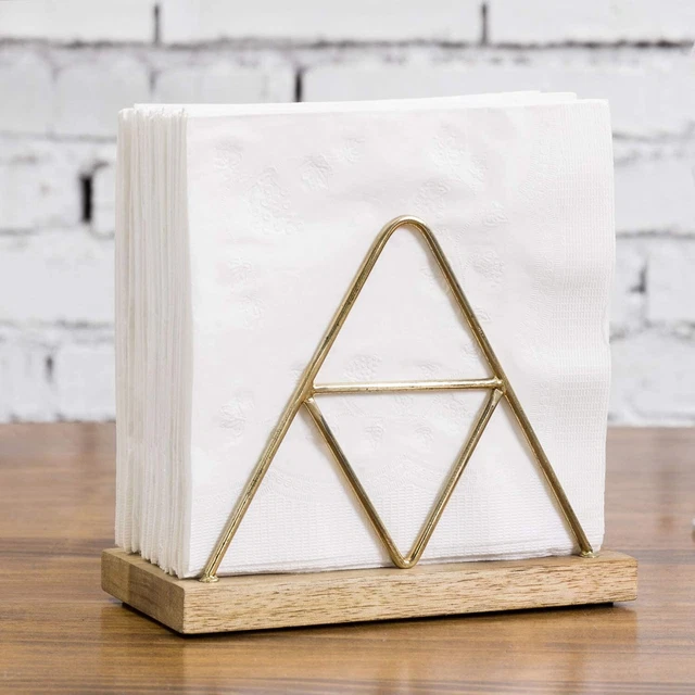 Tabletop Napkin Holder with Brass Plated Wire Triangle Design & Solid Wood Base