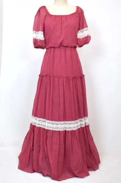 Vtg 70s Swiss Dot Tiered Prairie Maxi Dress Roberta of California 3-4 XS NEW
