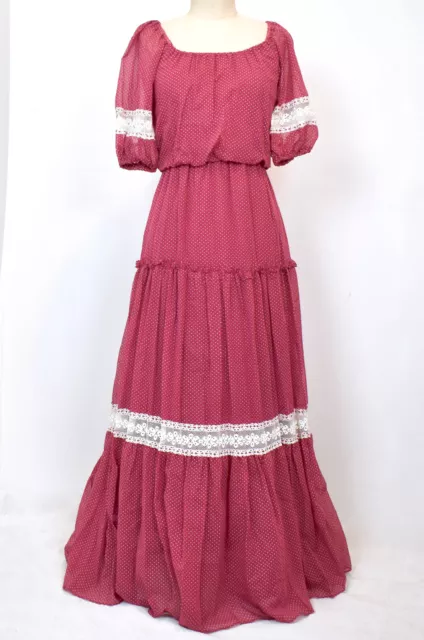 Vtg 70s Swiss Dot Tiered Prairie Maxi Dress Roberta of California 3-4 XS NEW
