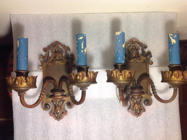 GREAT Pair ANTIQUE Bronze ARTS & CRAFTS Spanish Revival WALL SCONCES 1910s-1920s