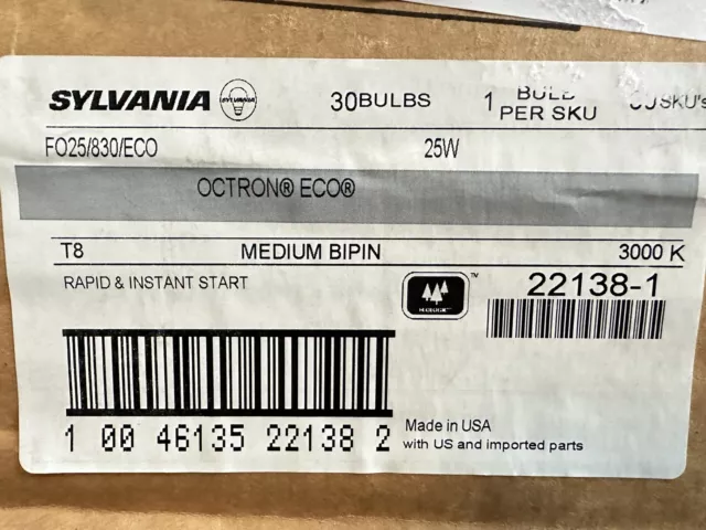 NEW Case of 30 Sylvania Octron FO25/830/ECO 25W Fluorescent Bulbs T8 3000K 36"