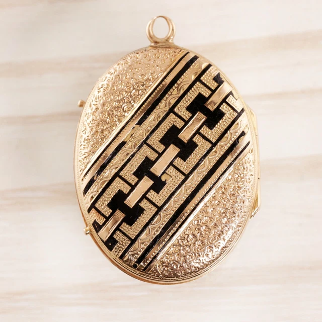Large Antique 14K Yellow Gold Hardstone Taille D'epargne Enamel Locket 8.7G