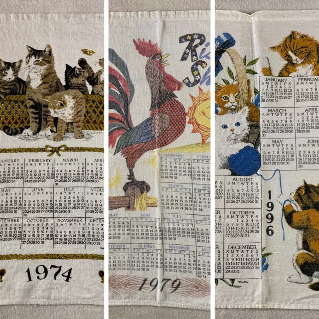 Kay Dee Vintage Linen Calendar Towel Cats Rooster Sun Choose Year 1974 1979 1996