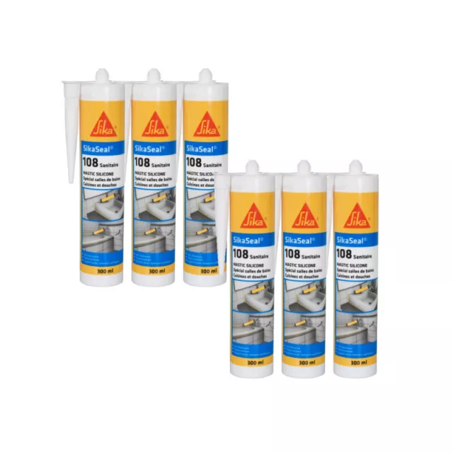 Lot de 6 mastics silicones anti-moisissure SIKA Sikaseal 108 Sanitaire - Gris c