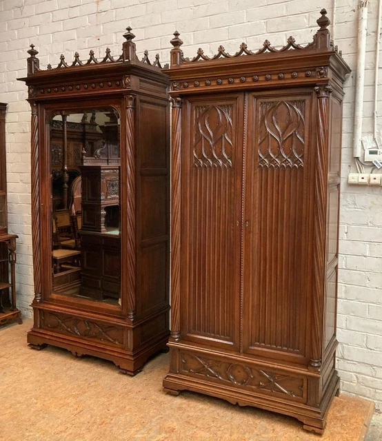 Matched Pair of Antique Gothic Revival French Armoires in Walnut