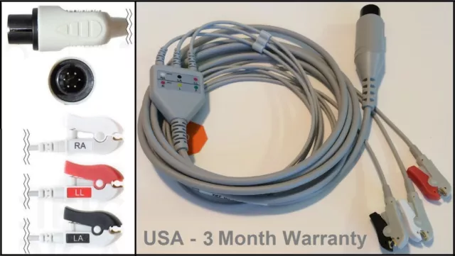 EKG ECG 6Pin 3Lead AHA Clip Cable Carewell ALT CSI Goldway Contec Edan Datascope