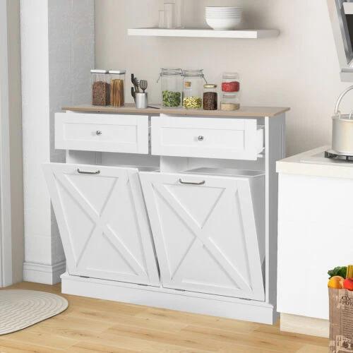 WHITE KITCHEN TRASH Can Storage Tilt Out Free Standing with