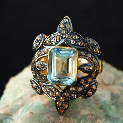 1.56ct Rose Cut Diamond Antique 925 Silver Aquamarine Gemstone Cocktail Ring