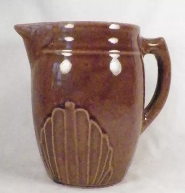 Monmouth Art Pottery Pitcher Brown Shell Pattern USA Western Stoneware Deco