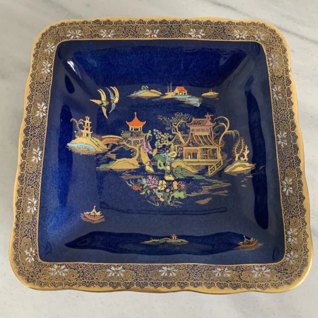 Carlton Ware MIKADO PAGODA Large Square Bowl / Dish 1920s Cobalt Blue Enamelled