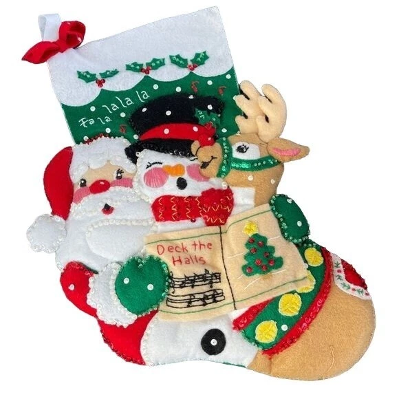 Bucilla Santas Christmas Carols Holiday Stocking Snowman Reindeer Completed