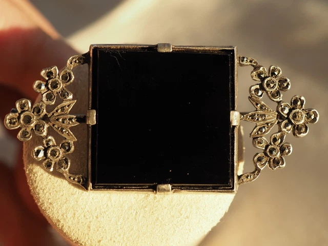 ANCIEN Broche Argent massif Onyx Marcassite ART DECO Sterling Silver