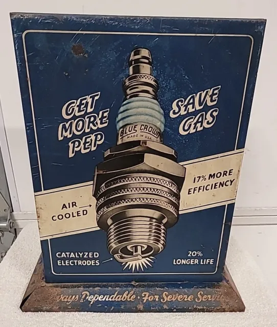 Original 1930s Blue Crown Spark Plug Display Sign Champion Gas Station