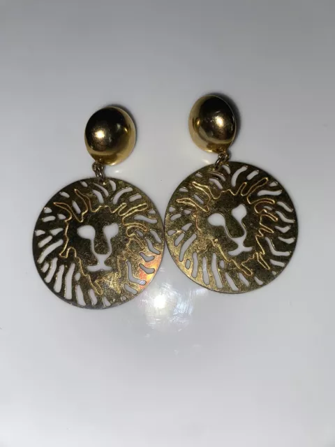 Pair Vintage Goldtone Hanging Pierced Earrings Laser Lion Head Cut Out Statement