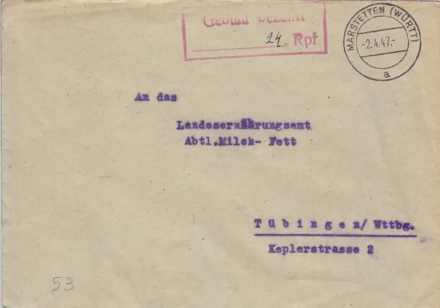 F.Zone - MARSTETTEN  (WÜRTT.)  - Gebühr bezahlt - Brief - 1947