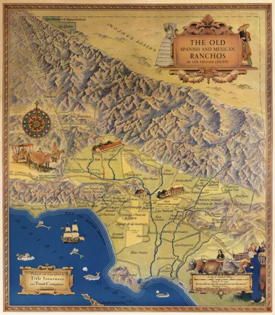 Early Map of Spanish Mexican Ranchos Los Angeles County Poster Mexico History