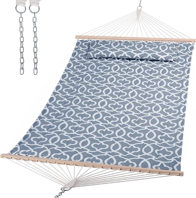 SUNCREAT Double Quilted Hammock with Hardwood Spreader Bar, Dark Gray Pattern