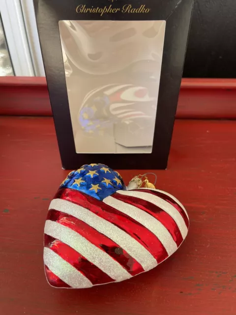 CHRISTOPHER RADKO AMERICAN FLAG BRAVE HEART CHRISTMAS ORNAMENT  W/ Tags