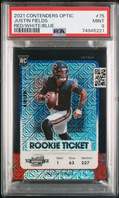2021 Contenders Optic Justin Fields RED WHITE BLUE RC #/13 ROOKIE TICKET  PSA 9