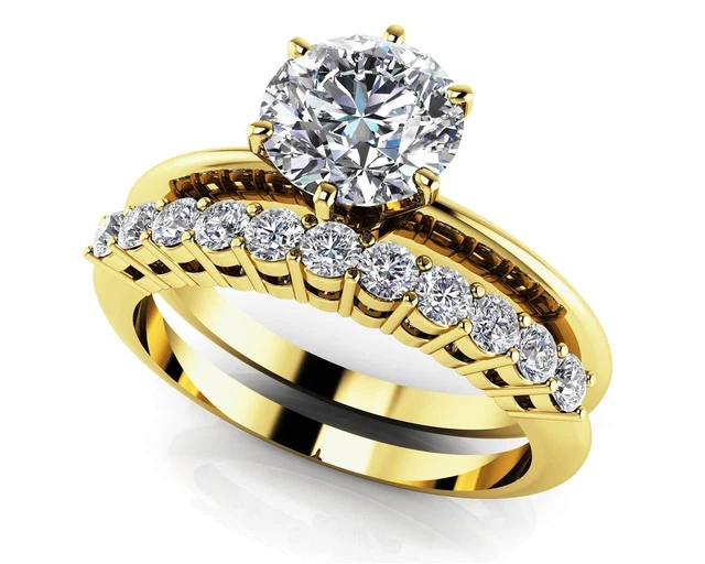 1.25 CT Rond Imitation Diamant Couple de Mariage Bague Anneau 10k or Jaune