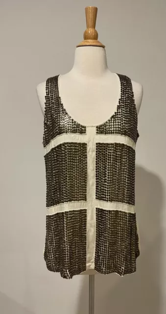 Karina Grimaldi Lugo Beaded Silk Tank Blouse Size M Ivory