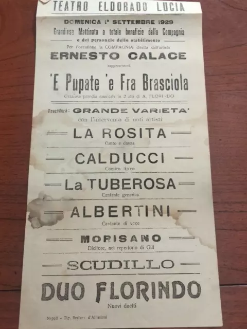 1929 Napoli Locandina Teatro Eldorado Lucia Compagnia Ernesto Calace 'E Pupate E