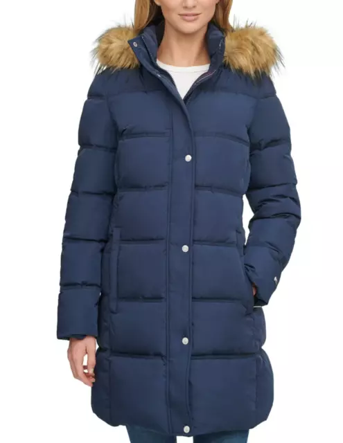Tommy Hilfiger Womens Navy Faux Fur Trim Hooded Coat B5510 Size Small