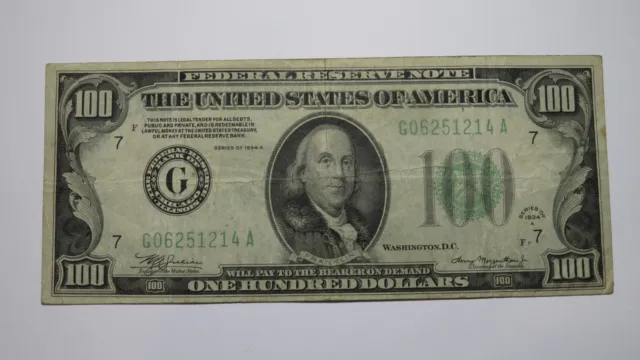 $100 1934 Chicago IL Light Green Seal Federal Reserve Bank Note Currency Bill VF