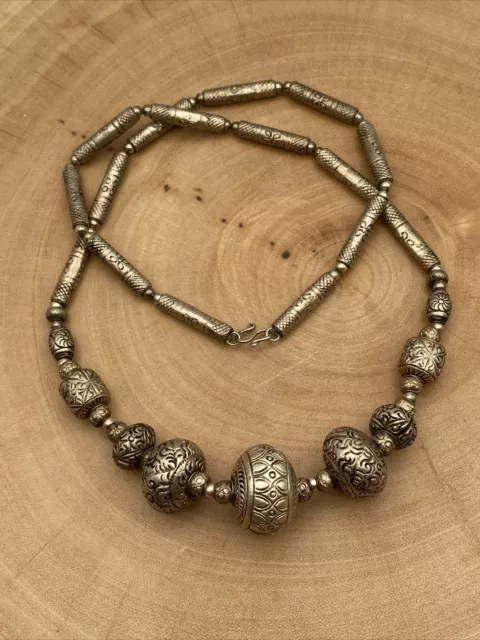 Artisan Crafted Tibetan Necklace Stamped Metal Silver Tone Beaded S Closure 24”