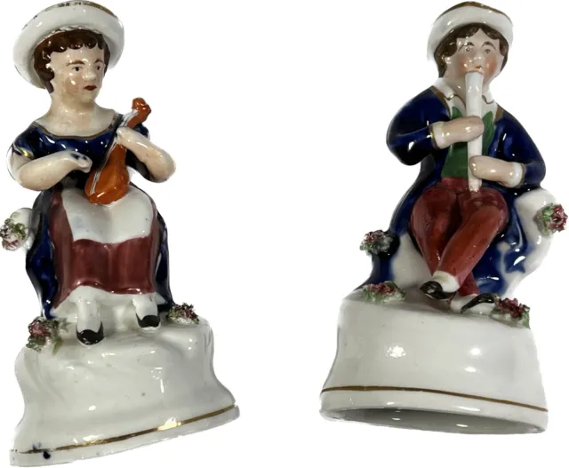 Antique Staffordshire Figure Musician Pottery Pair 19th Century Hand Painted