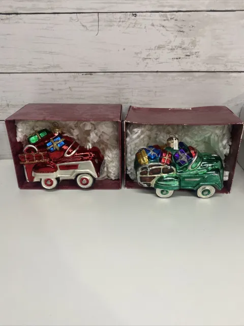 Lot Of 2 HALLMARK blown glass ornaments - 1955 Murray RANCH WAGON and FIRE TRUCK