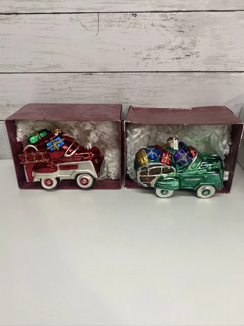 Lot Of 2 HALLMARK blown glass ornaments - 1955 Murray RANCH WAGON and FIRE TRUCK