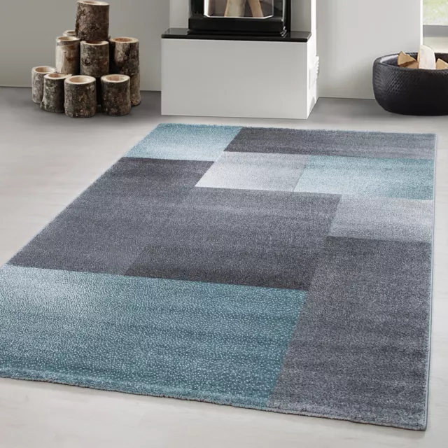 Teppich Wohnzimmer Modern Kurzflor Kariert Design Blau-Grau Meliert Pflegeleicht