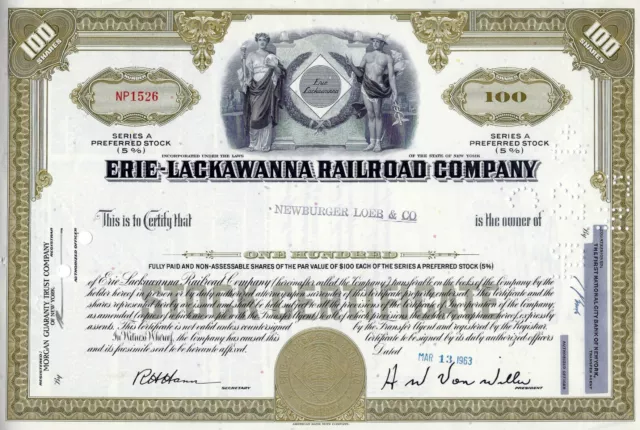 Erie-Lackawanna Railroad Company, New York, 1963 (100 Shares 5% Preferred)