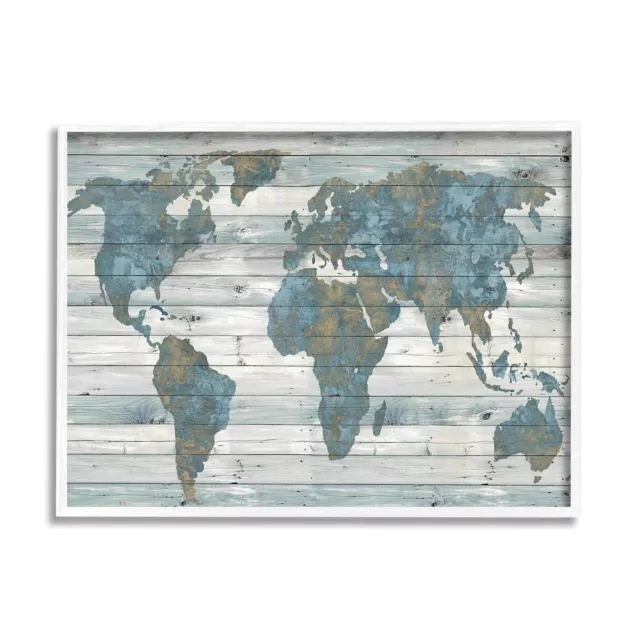 Stupell Industries Slate Blue and Tan Rustic Planked Look Weathered World Map...