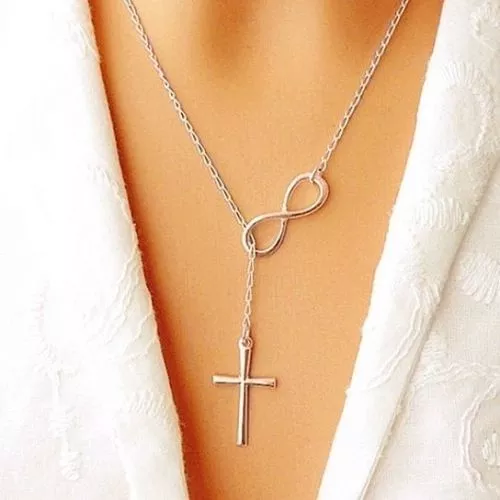 Stainless Steel Infinity Charm Cross Pendant Womens Silver Jewelry Necklace