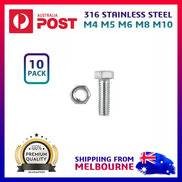 316 Grade Hex Stainless Steel Bolt & Nut Marine M4 M5 M6 M8 M10 Australia